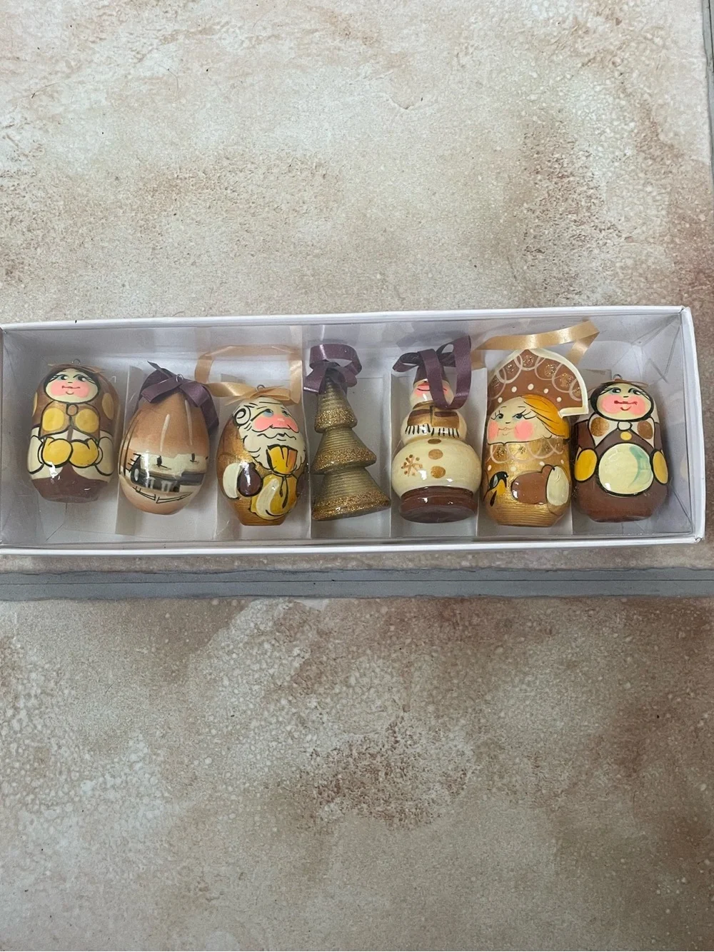 Russian Dolls Hanging Decoration Holiday Ornament - Brown & Gold 6cm (Set of 7)
